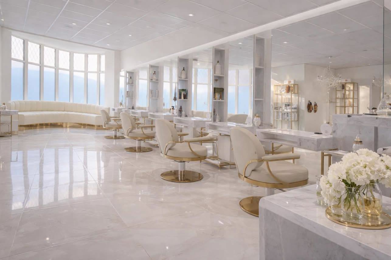 Dolly Rocks salon interior with styling chairs and marble floors