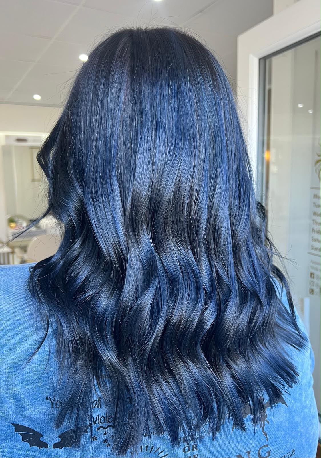 Blue balayage colour finished at Dolly Rocks